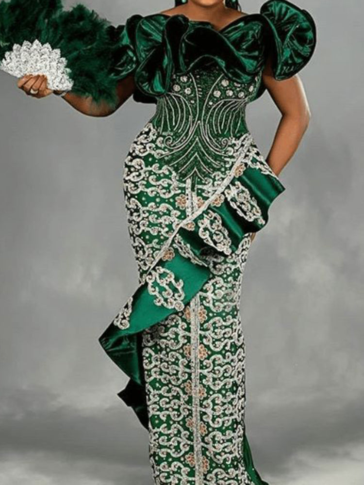Flat Collar Floral Printed Falbala Split-Joint Beaded Maxi Dress