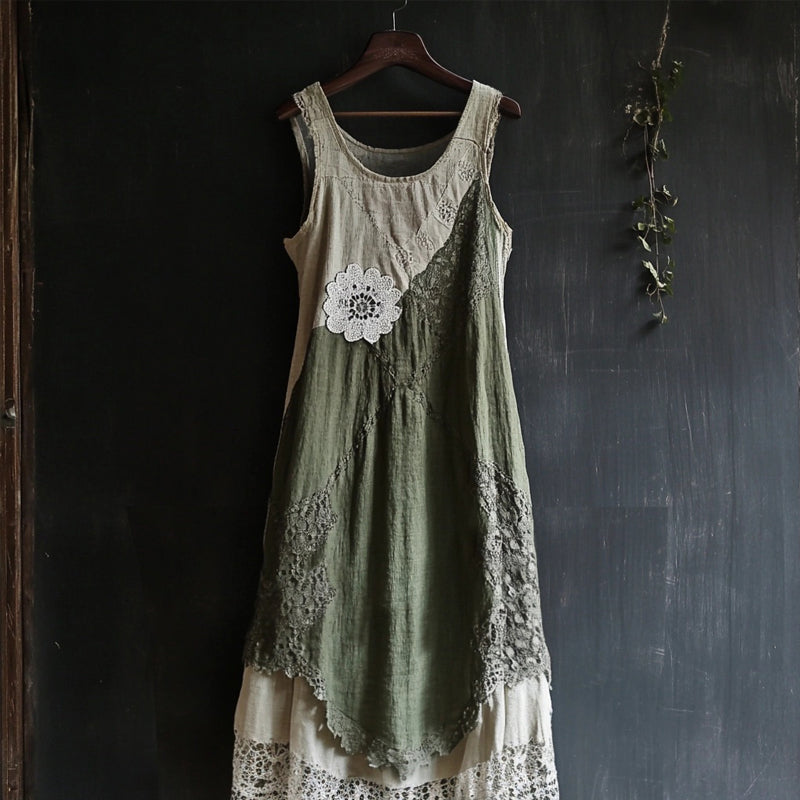 Vintage Lace Patchwork Comfy Linen Tank Dress