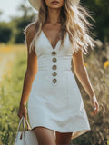 [24-hour shipping out]Retro Casual V-Neck Front Button White Denim Mini Dress