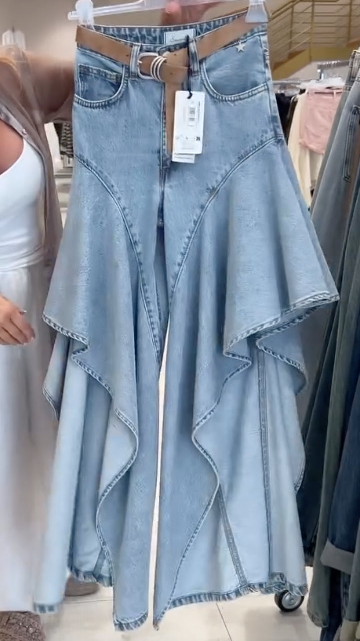 Light Wash Flared Ruffle Hem Denim Pants