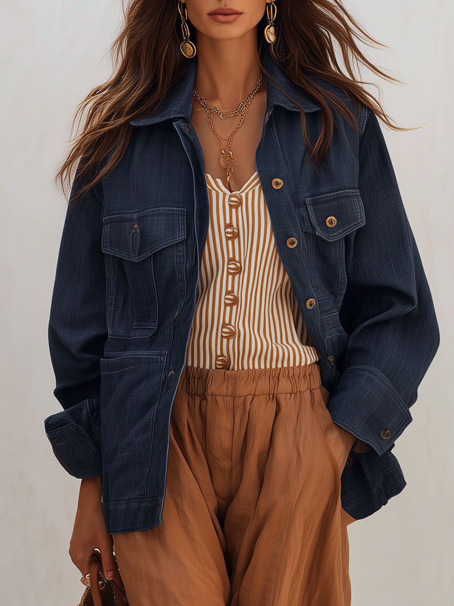 Women's Oversized Denim Shirt With Chest Pockets Jacket