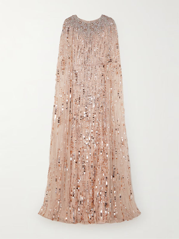 Round Neck Sequined Solid Color Maxi Dress
