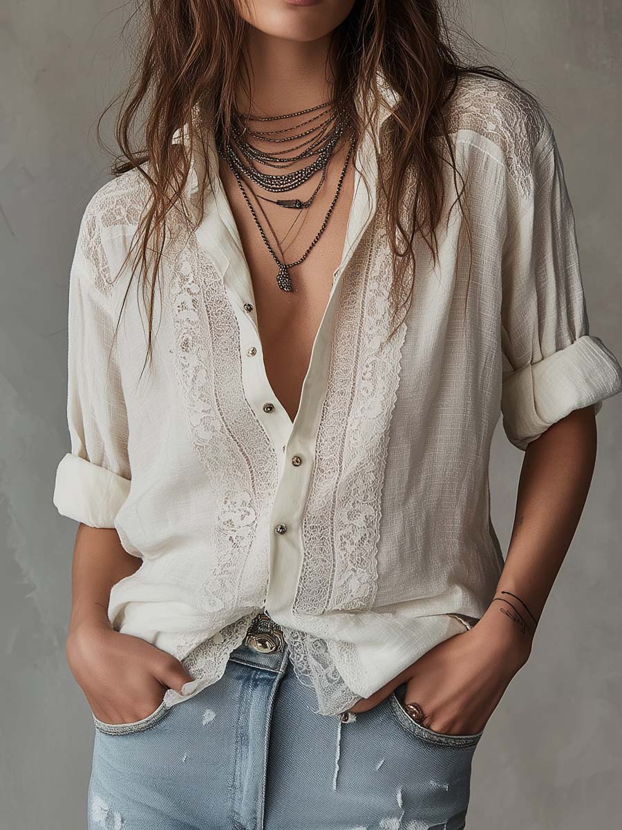 Casual Lace-paneled Linen And Cotton Shirt