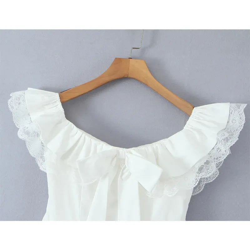 Evienne Off-Shoulder Corset Mini Dress – White Ruffle Bow Summer Dress for Garden Parties and Holiday Looks