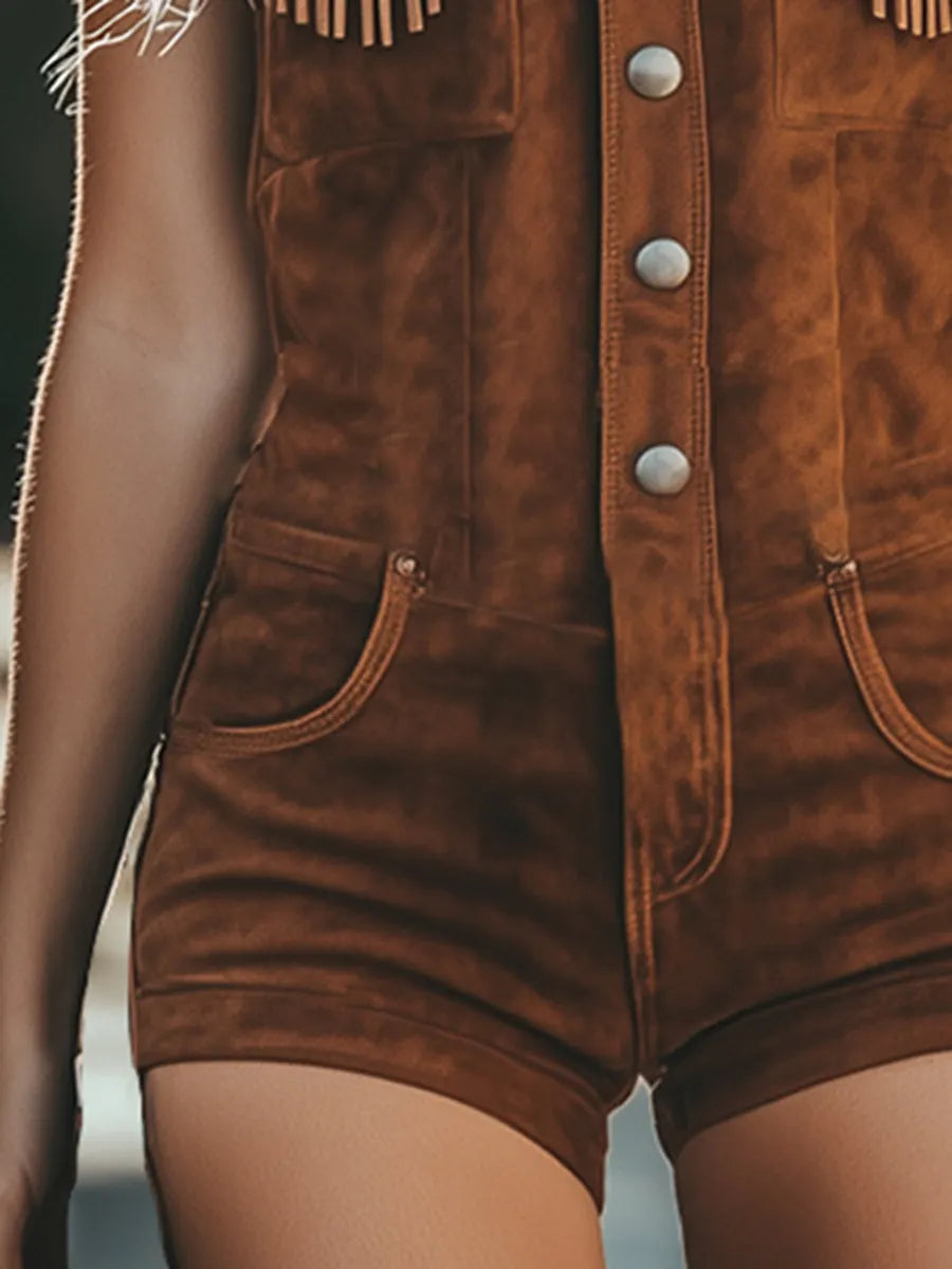 [24-hour shipping out]Vintage Western Tassel Brown Suede Vest Shorts Jumpsuit