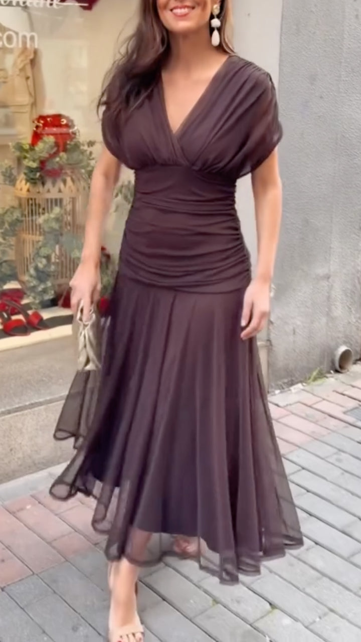 V Neck Chiffon Ruched Waist Midi Dress