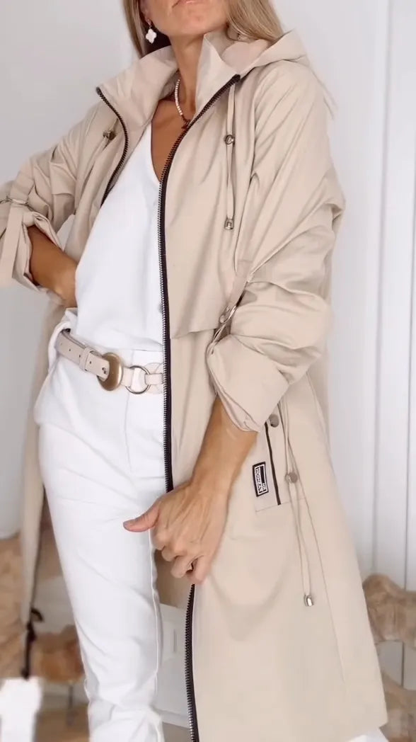 Khaki Hooded Waist-Tied Trench Coat