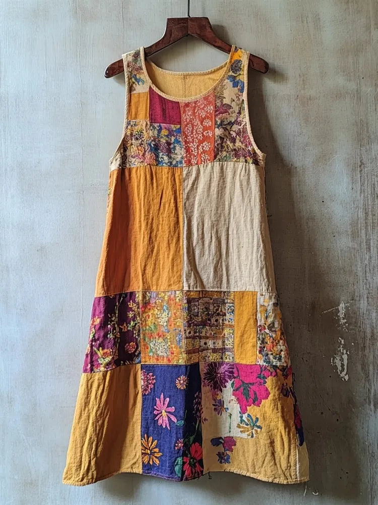 Vintage Boho Patchwork Linen Tank Dress ba01