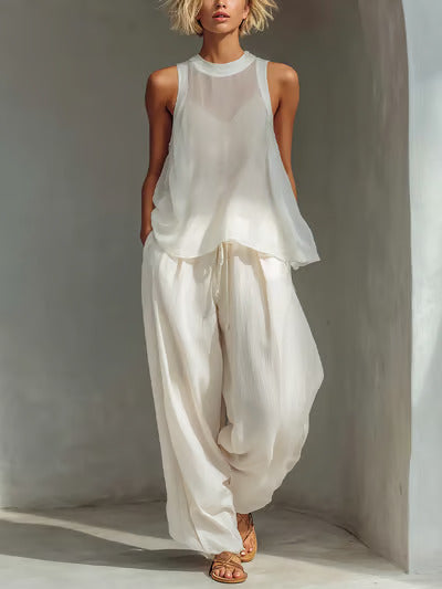 Sheer Tank Top & Wide-Leg Pants Set