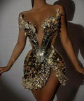 Statement Bandeau Wrap Sequined Backless Beaded Gold Mini Dresses