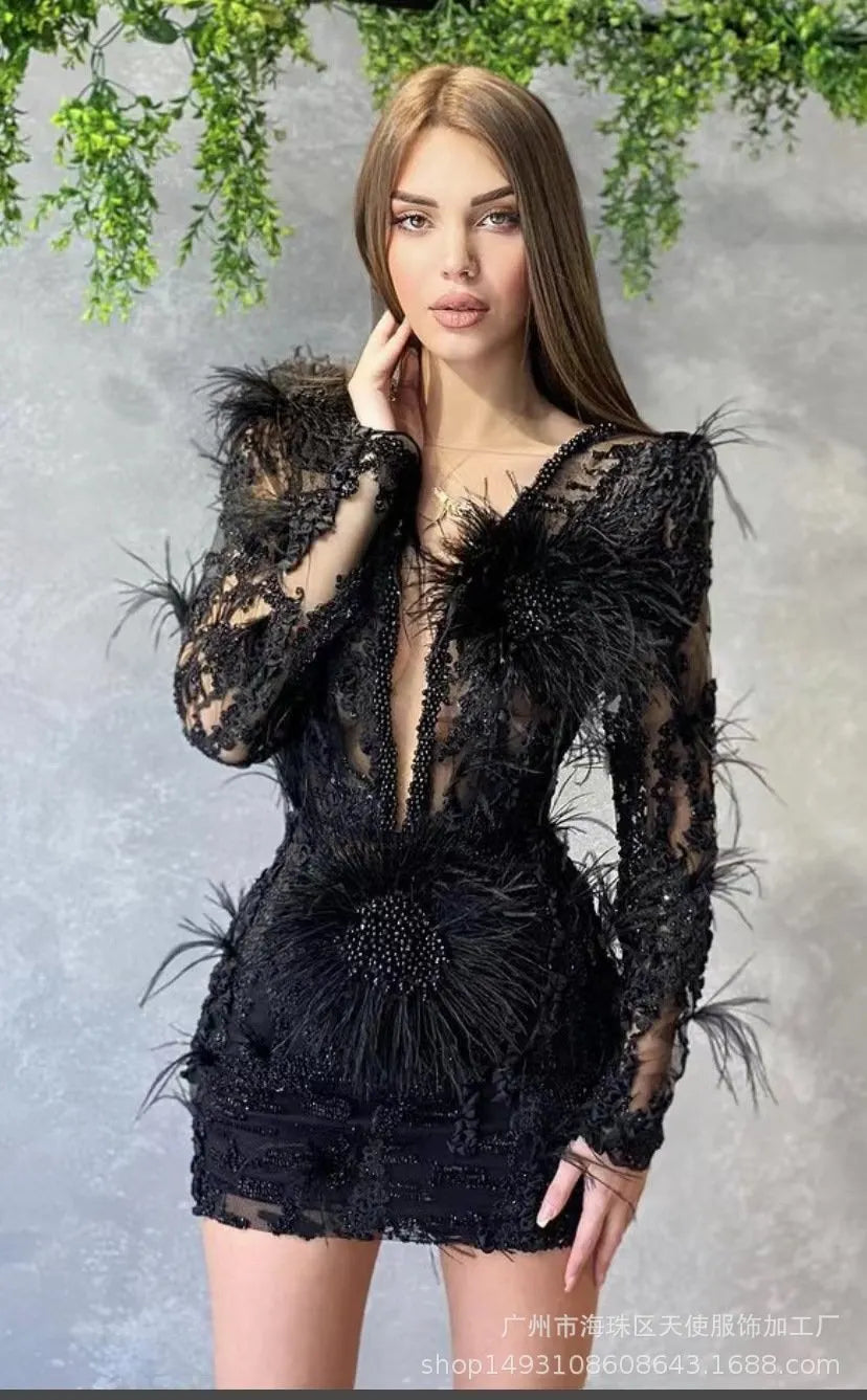 Neosepa-Stylish Pluning V Neck Long Sleeve Black Gauze Feather And Sequins Cocktail Gown