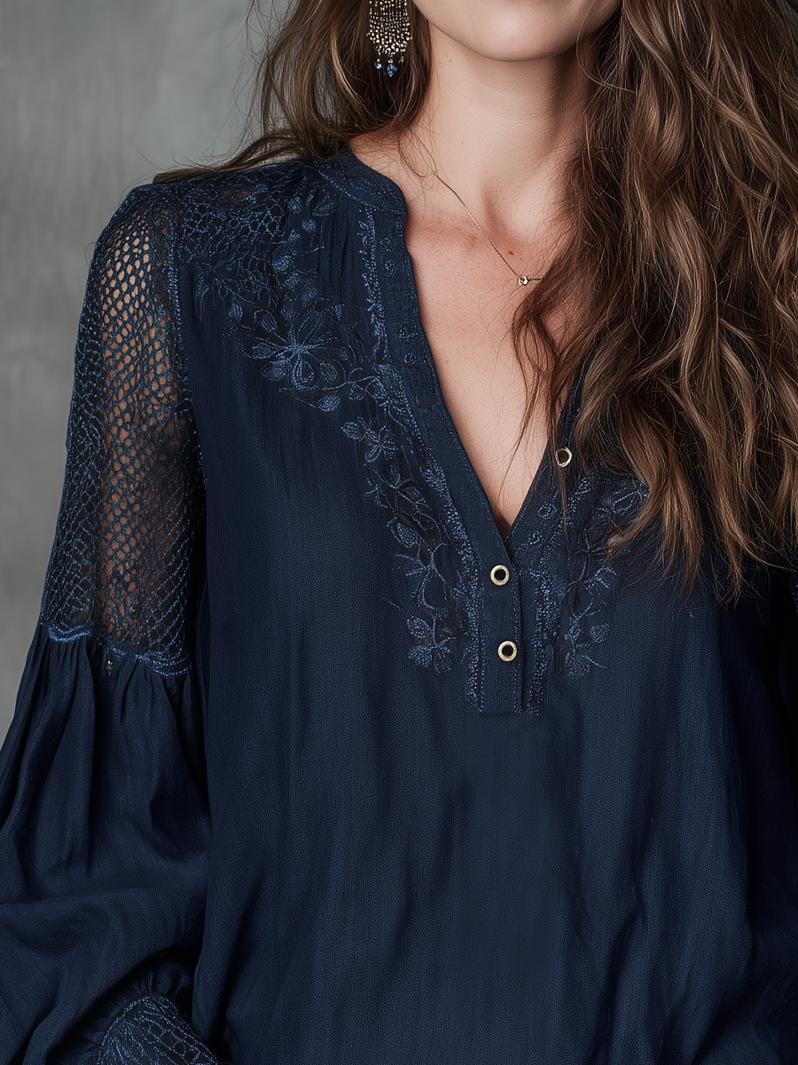 Refined Navy Lace Sleeve Blouse