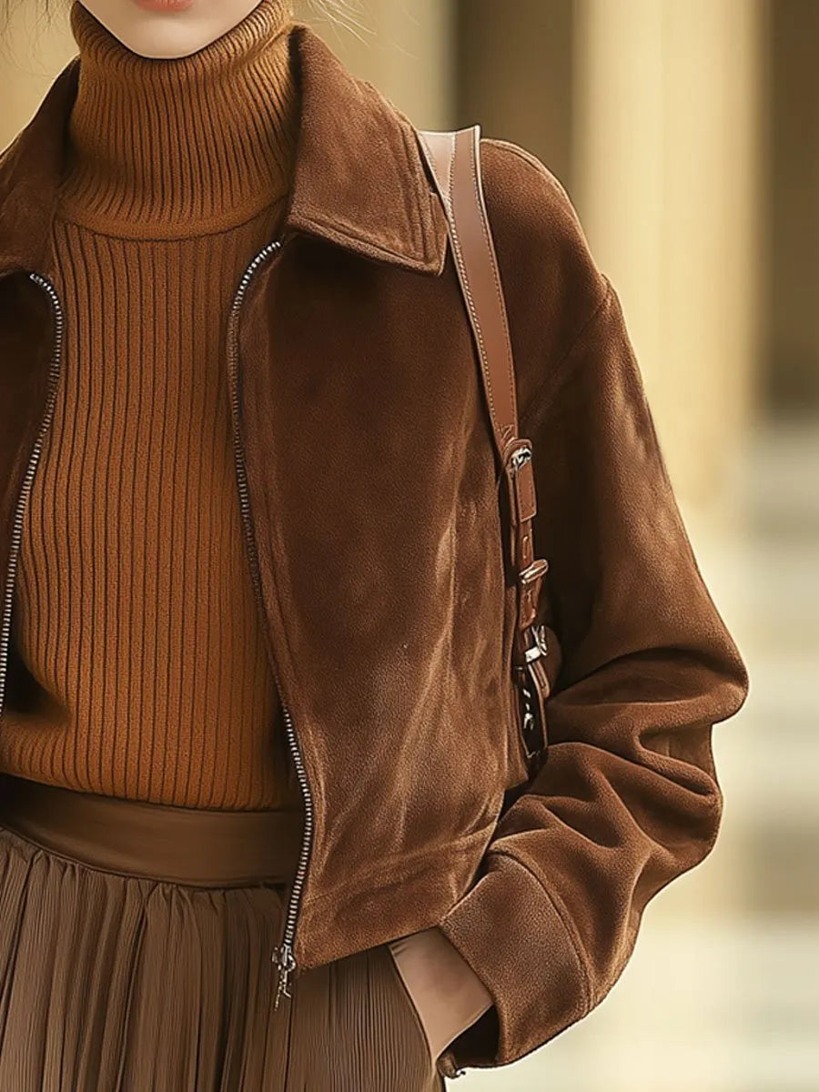 [24-hour shipping out]Casual Loose Solid Color Suede Zipper Pocket Short Jacket
