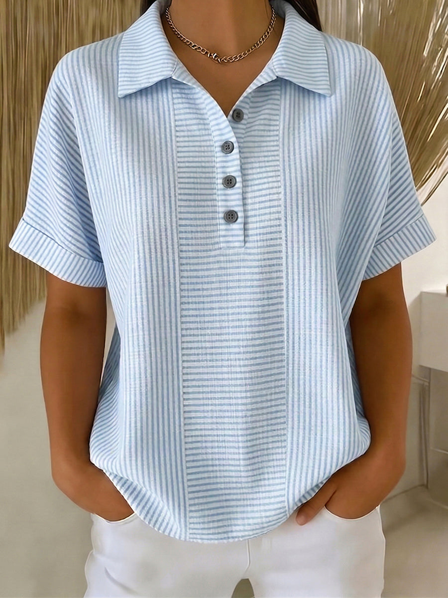 Artistic Cut Striped Cotton-linen Polo Collar Shirt Blouse