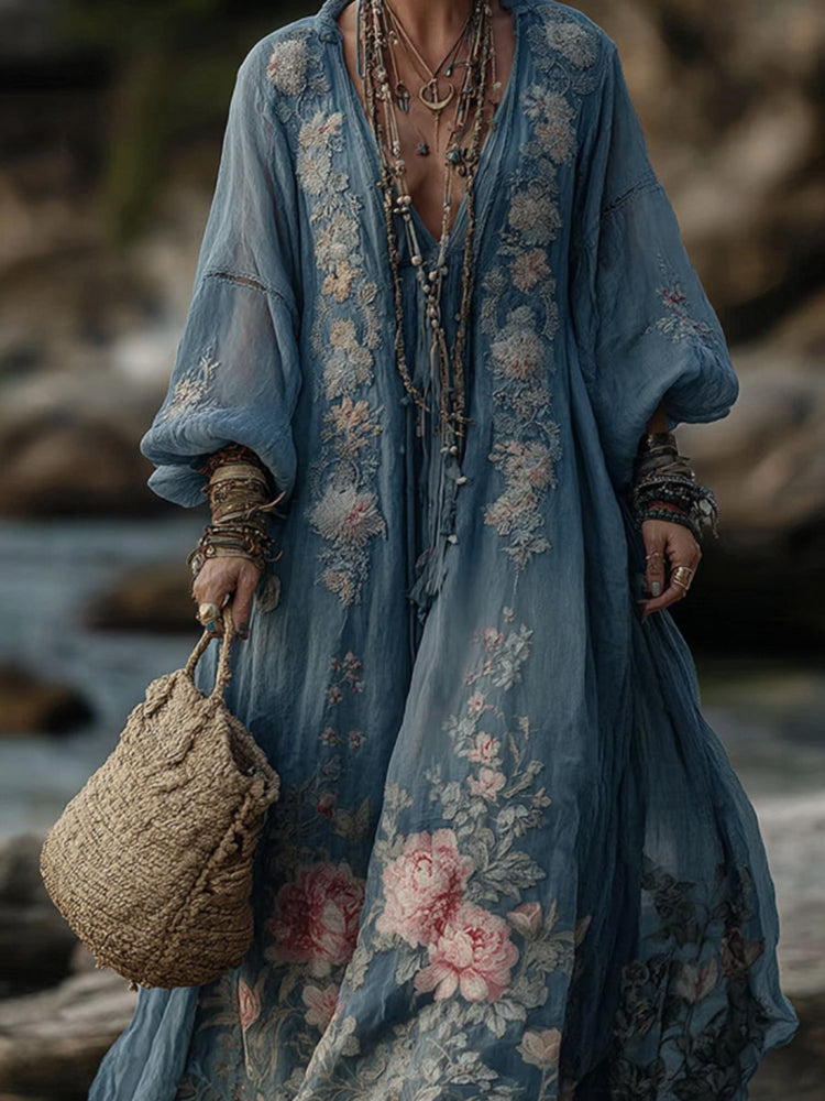 Vintage Floral Embroidered V Neck Comfy Maxi Dress