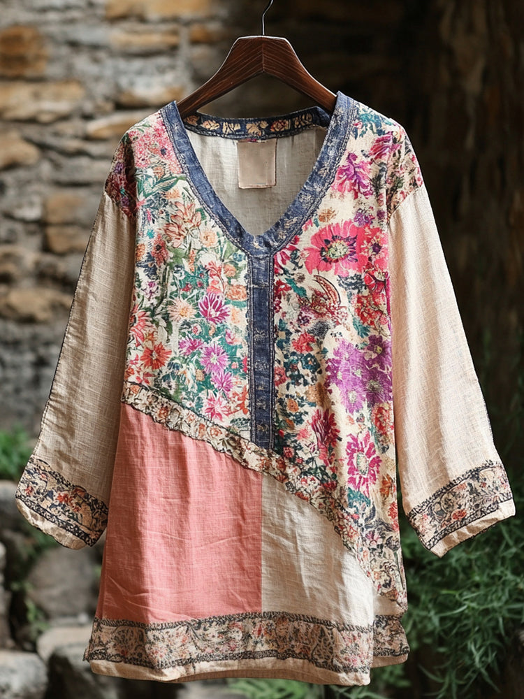 Women's Retro Tribal Floral Stitching Cotton And Linen Long Sleeve Shirt cdbf