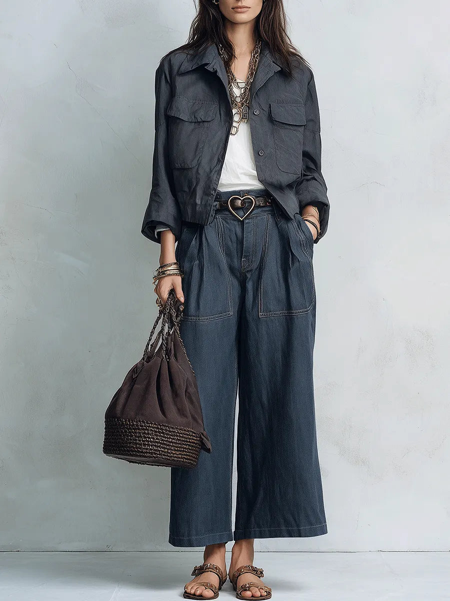 Effortless Cool Washed Relaxed-Fit Dark Grey Utility Jacket