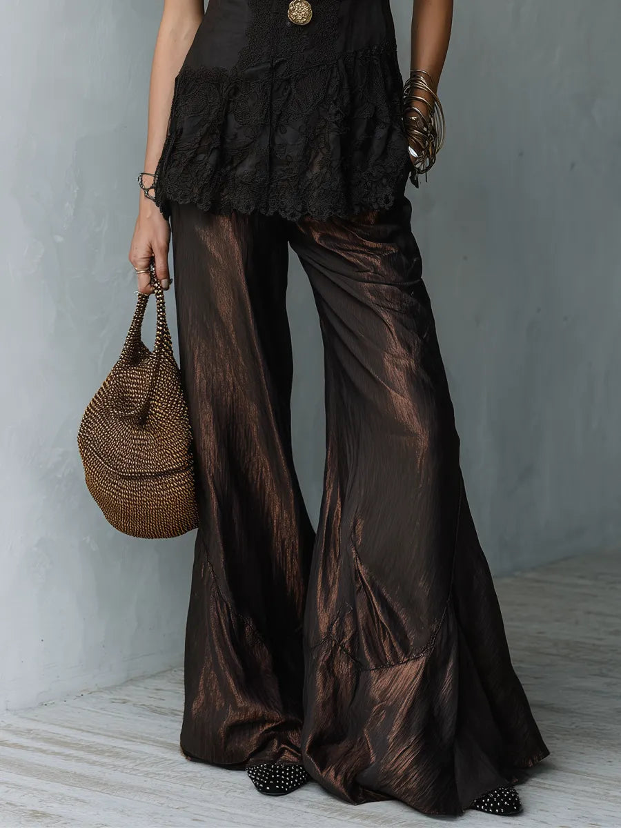 Slimming Deep V Lace Top & Metallic Wide Leg Pants Two-Piece Set