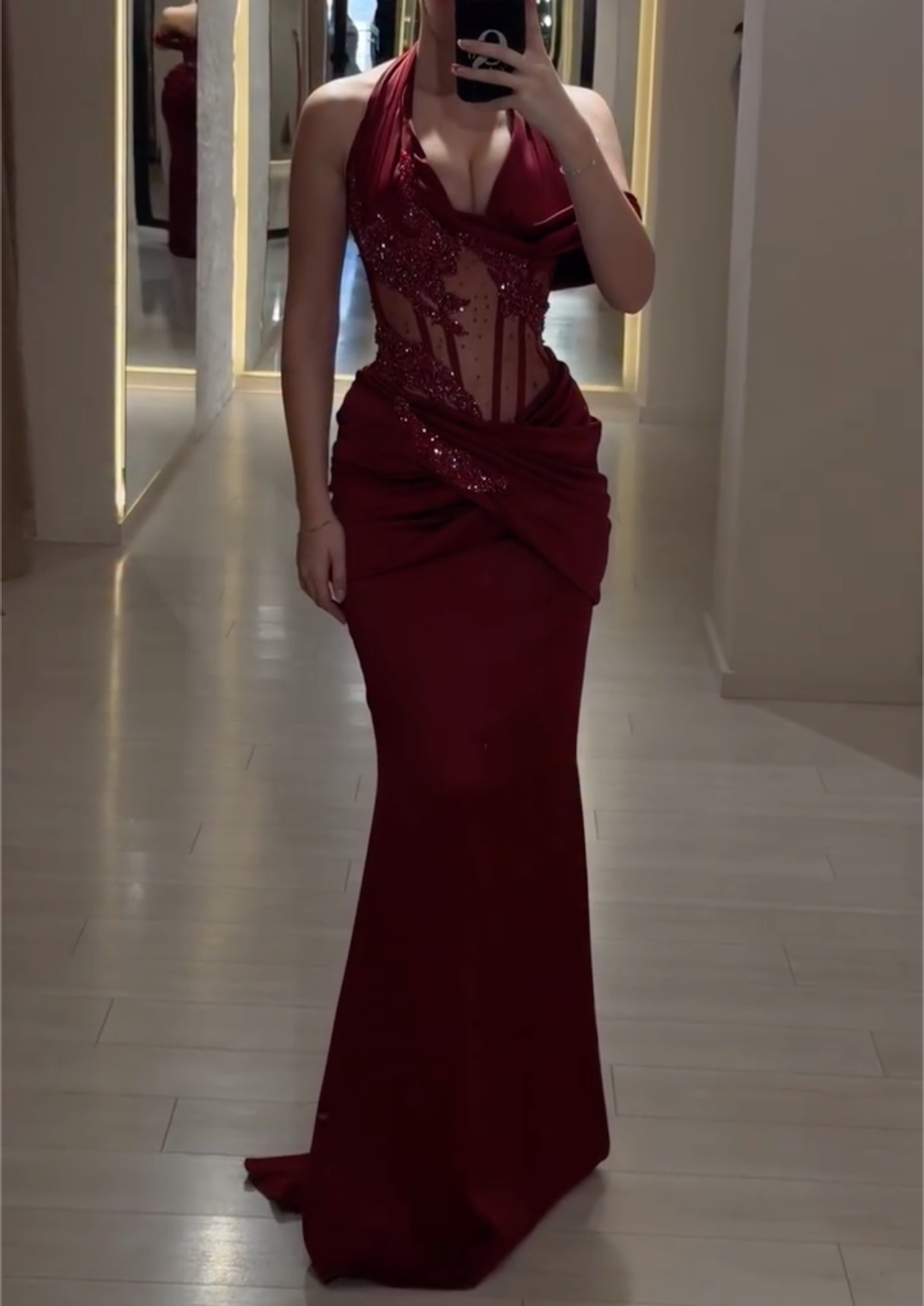 Burgundy Halter Neck Mermaid Maxi Dress with Sheer Beaded Corset Bodice