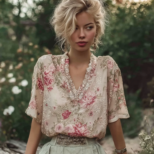 Bohemian Retro Countryside Style Plant Flower Design Cotton And Linen Women's Short-sleeved Shirt