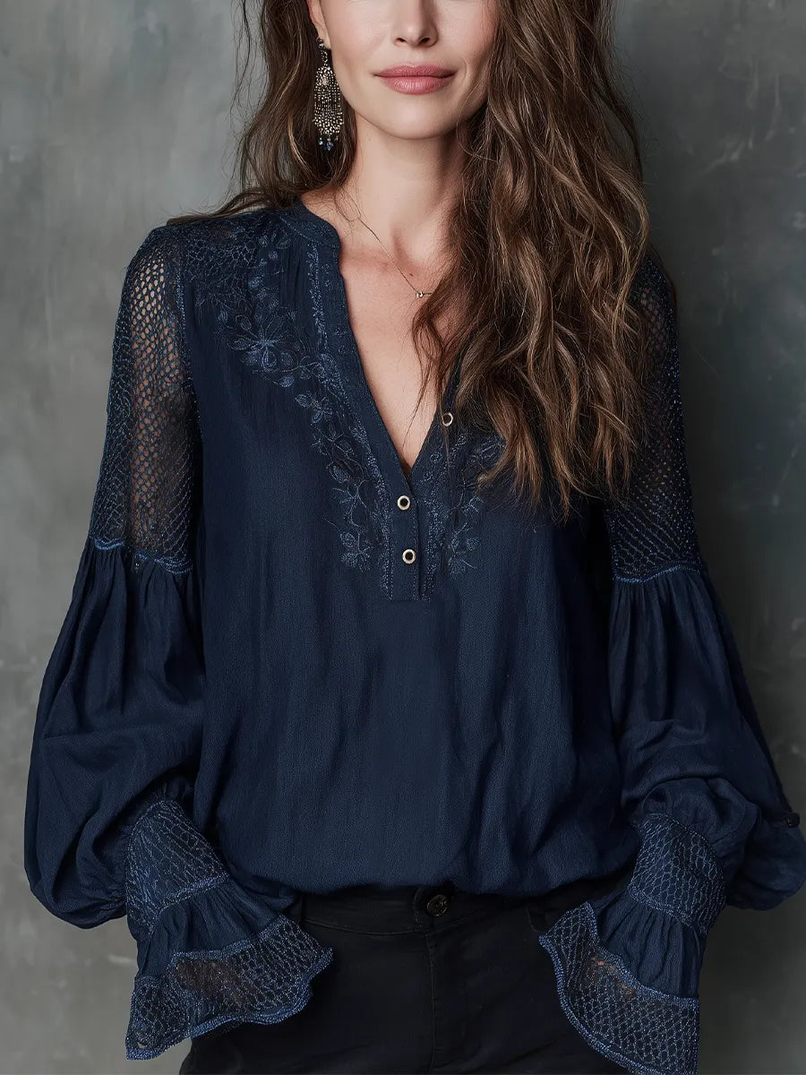 Refined Navy Lace Sleeve Blouse