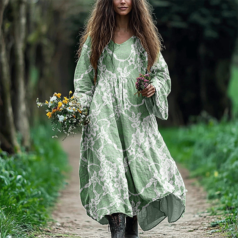 Vintage Floral Lace Linen Blend Flowy Maxi Dress
