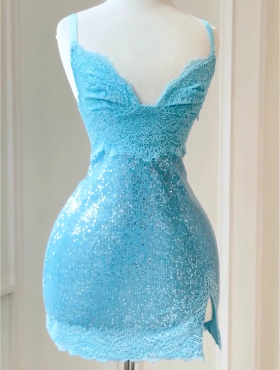 V Neck Lace Bust Sequin Mini Bodycon Dress, Light Blue Spaghetti Strap Slit Club Party Evening Gown