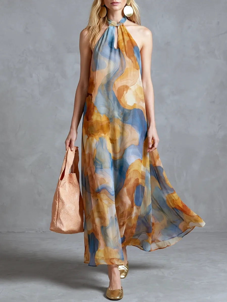 Bohemian Style Watercolor Print Backless Halter Neck Maxi Dress