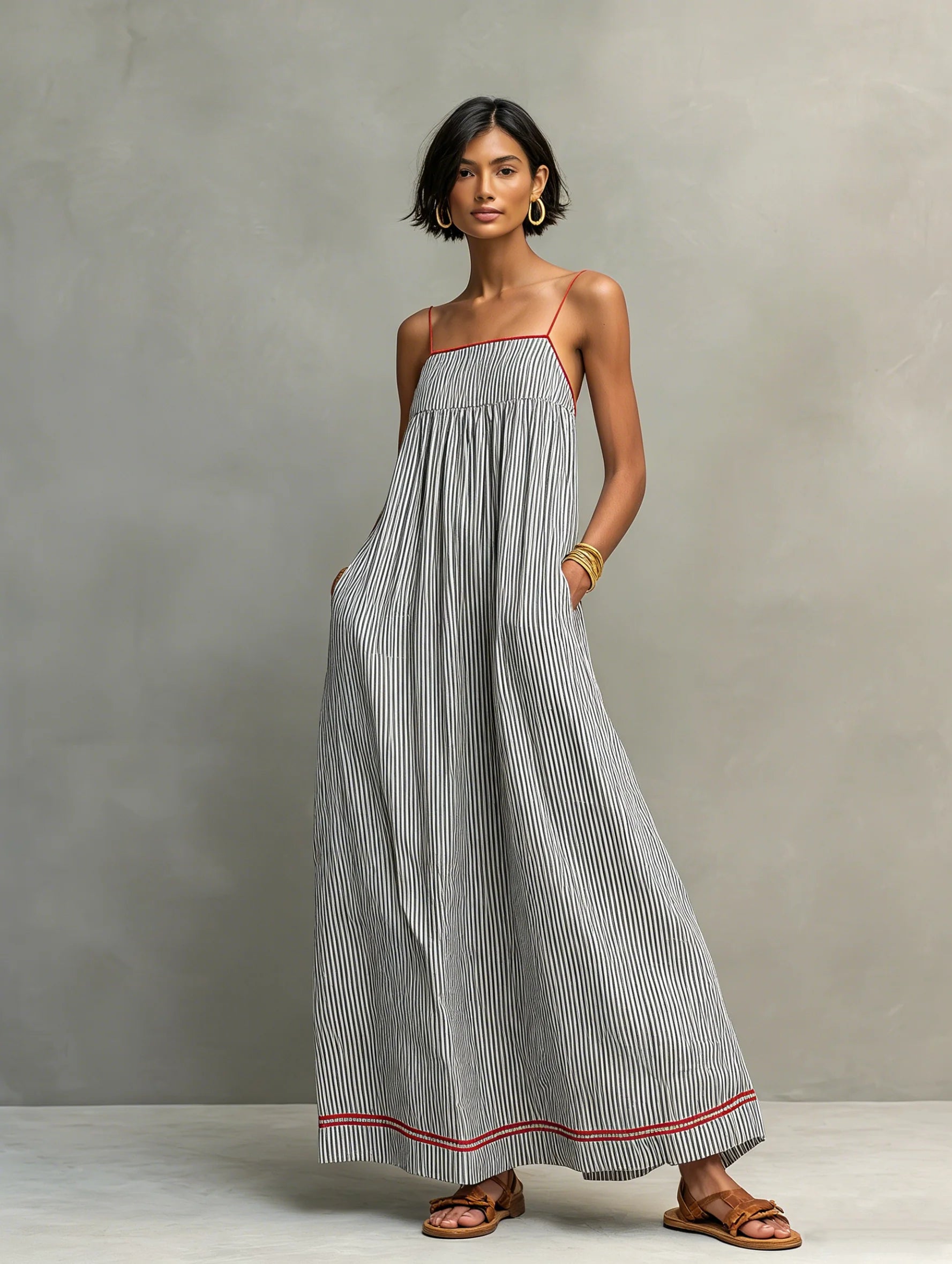 Striped Linen Spaghetti Strap Maxi Dress with Pockets