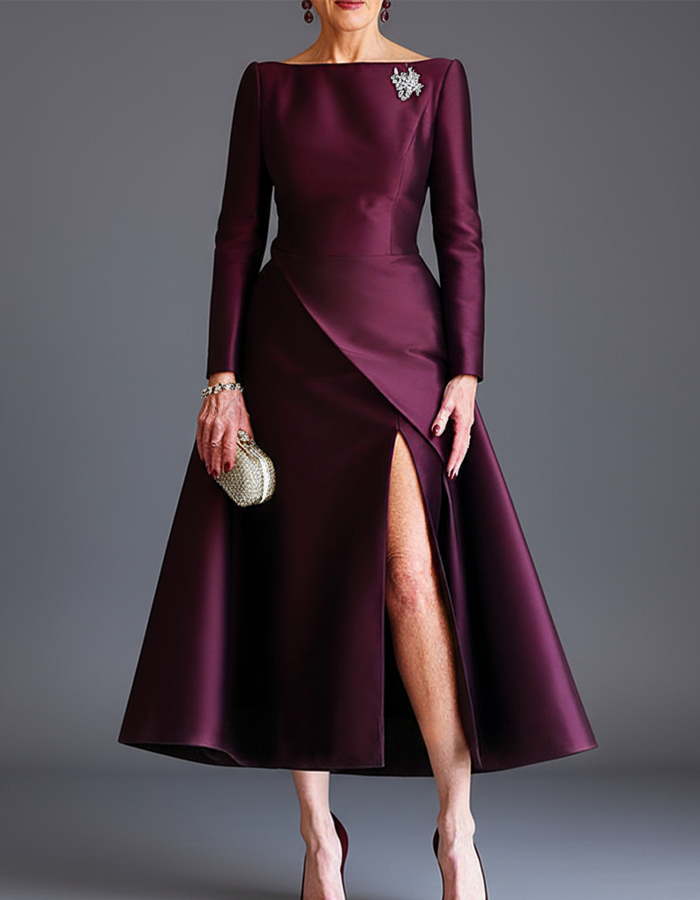Burgundy Off-The-Shoulder Satin Maxi Dress