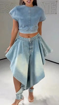 Women's Denim Two-Piece Set: Cap-Sleeve Cropped Top + Asymmetrical Pants