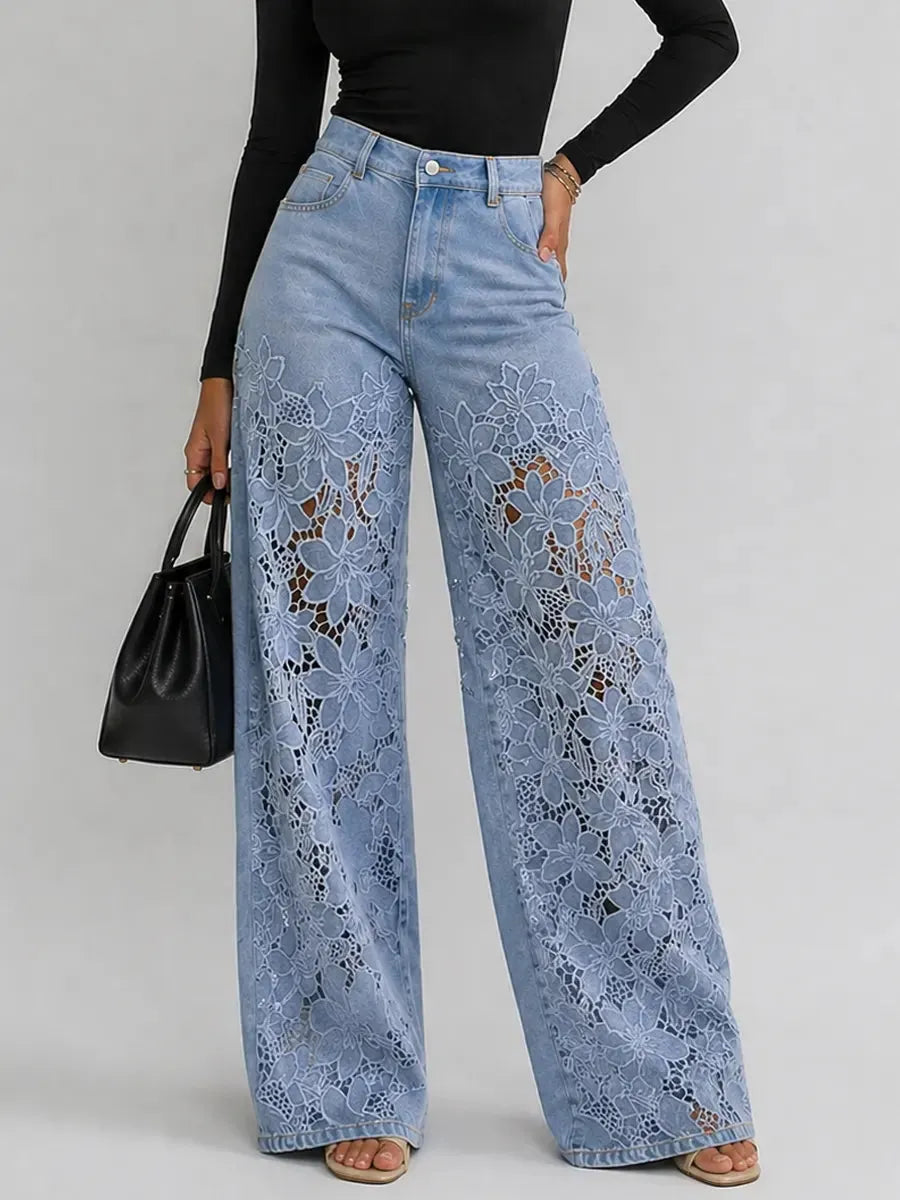 Lace Cut-out Wide-leg Denim Jeans