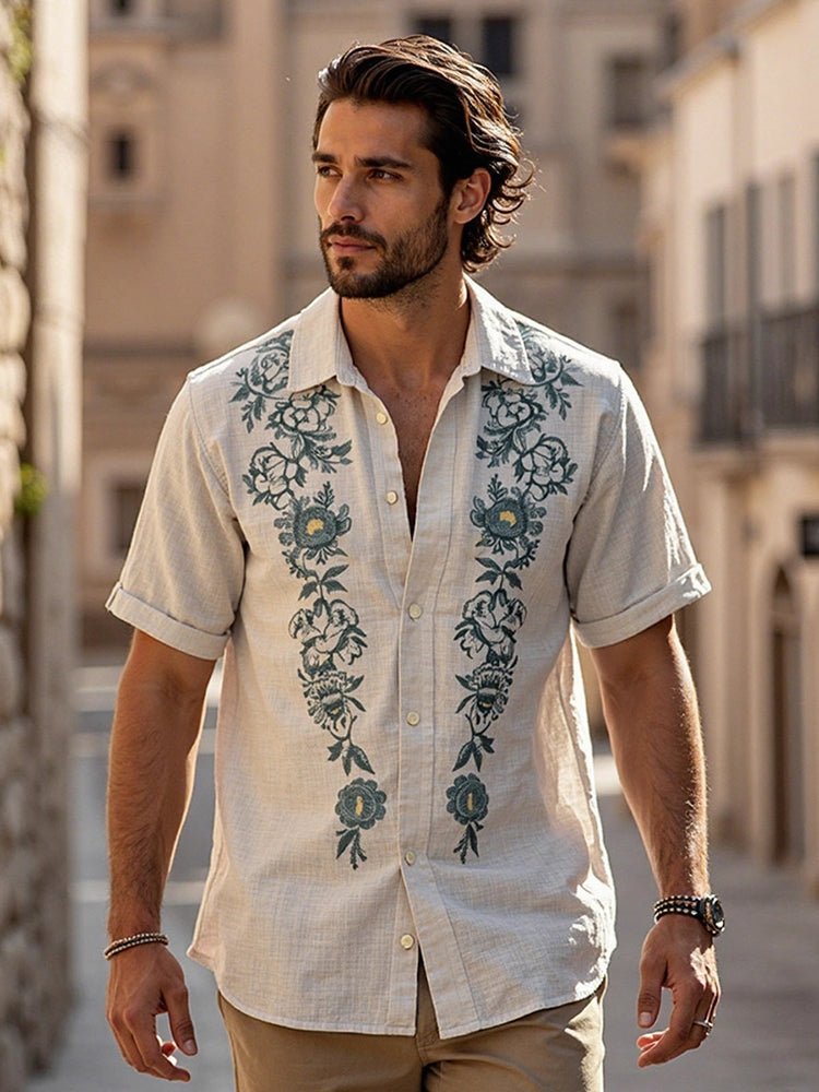 Men's Boho Floral Embroidered Linen Shirt