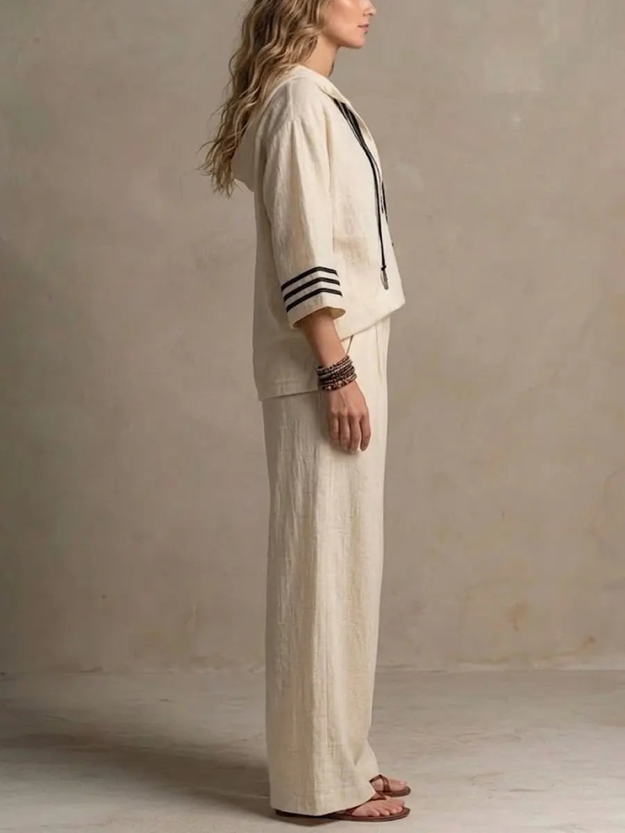 Women's Casual Relaxed Hoodie And Wide-leg Pants Cotton-linen Set