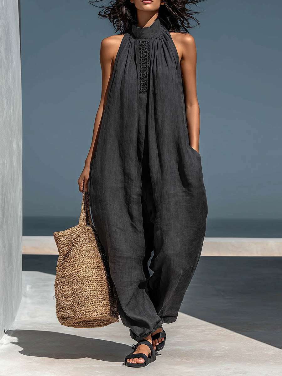 Women's Stand-up Collar Sleeveless Casual Loose Cotton And Linen Wide-leg Jumpsuit