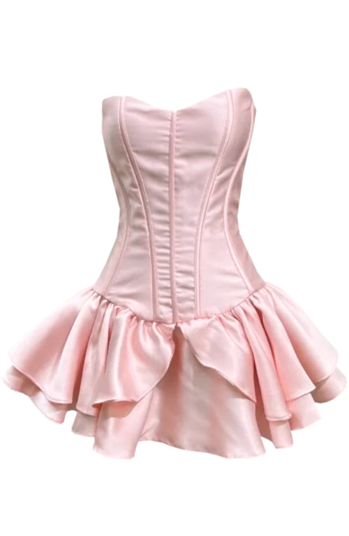 Bardot Strapless Corset Ruffle Dress Pink