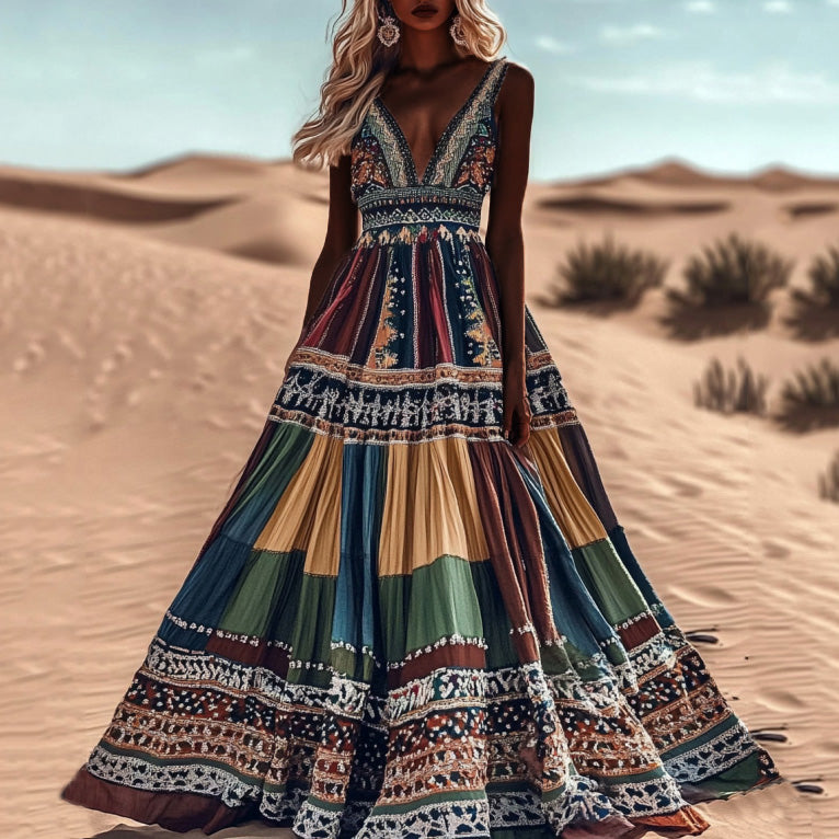 Women's Boho Geometry Art Color Block Sleeveless Maxi Dress