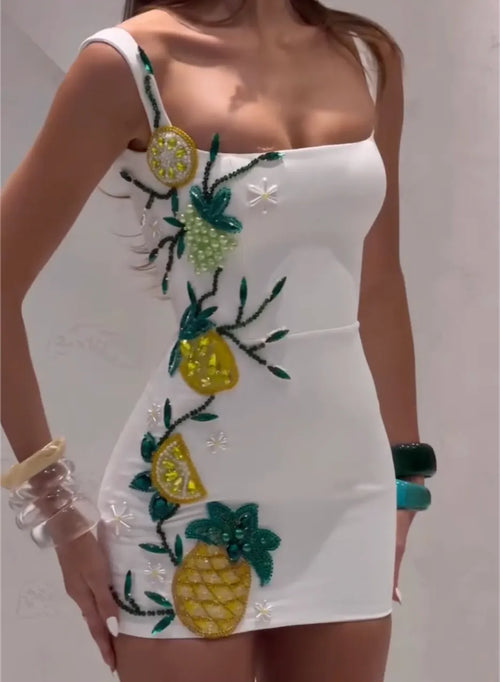 Beaded Patch Appliqué Bodycon Dress, Tropical Country Themed Rhinestone Mini & Maxi Mermaid Party Evening Gown