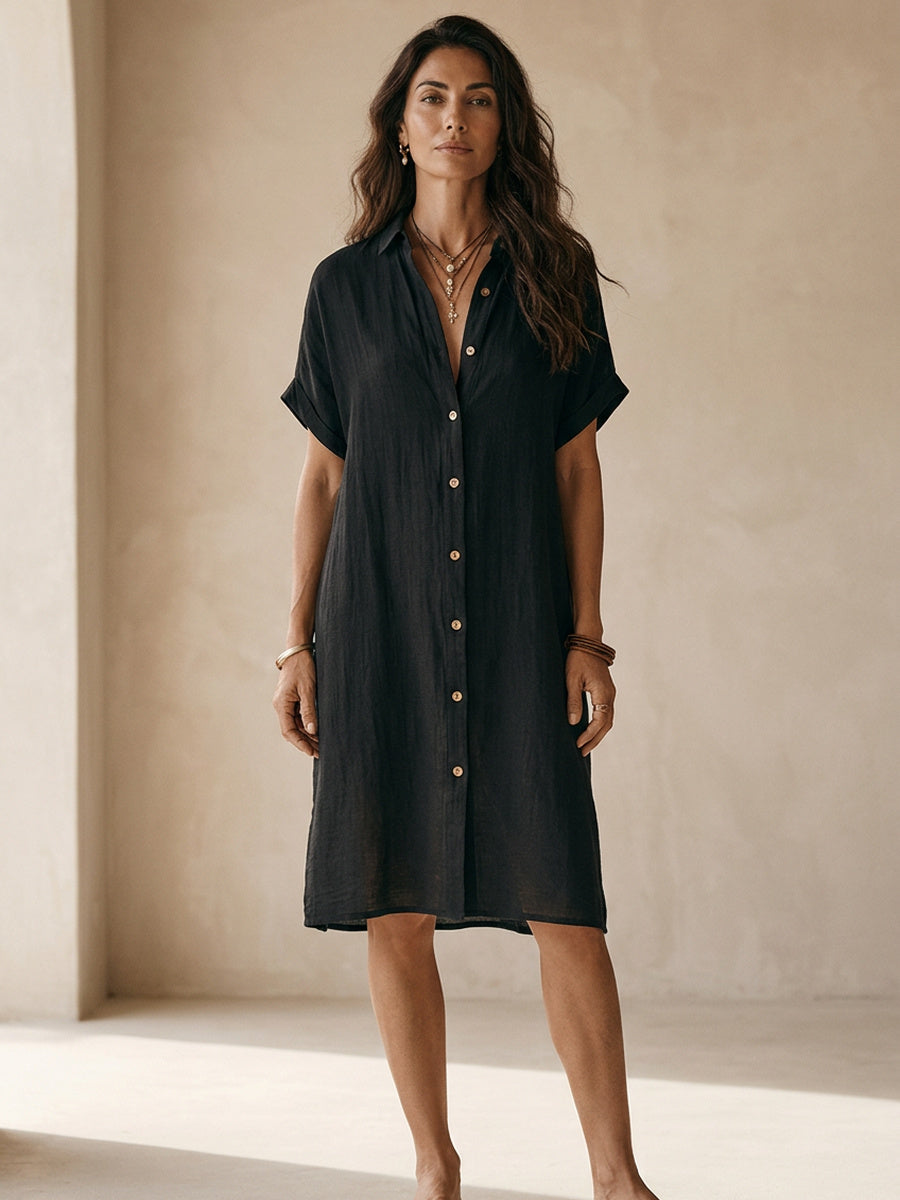Modern Boho Effortless Black Linen Relaxed Midi Dress