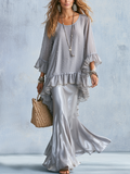 Bohemian Silver Grey Beaded Top And Satin Skirt Set