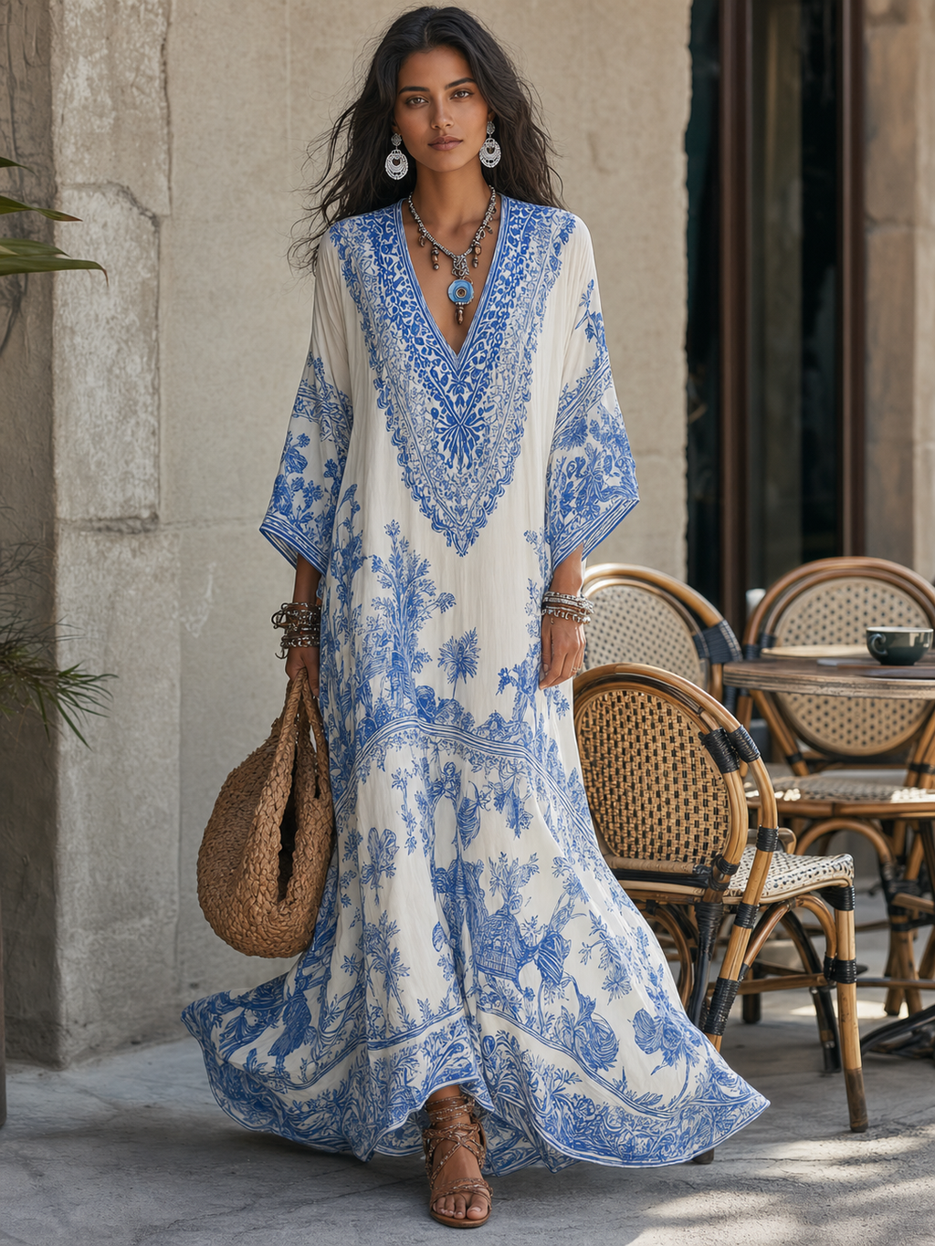 Refined Blue Porcelain Print V-Neck Kaftan Dress