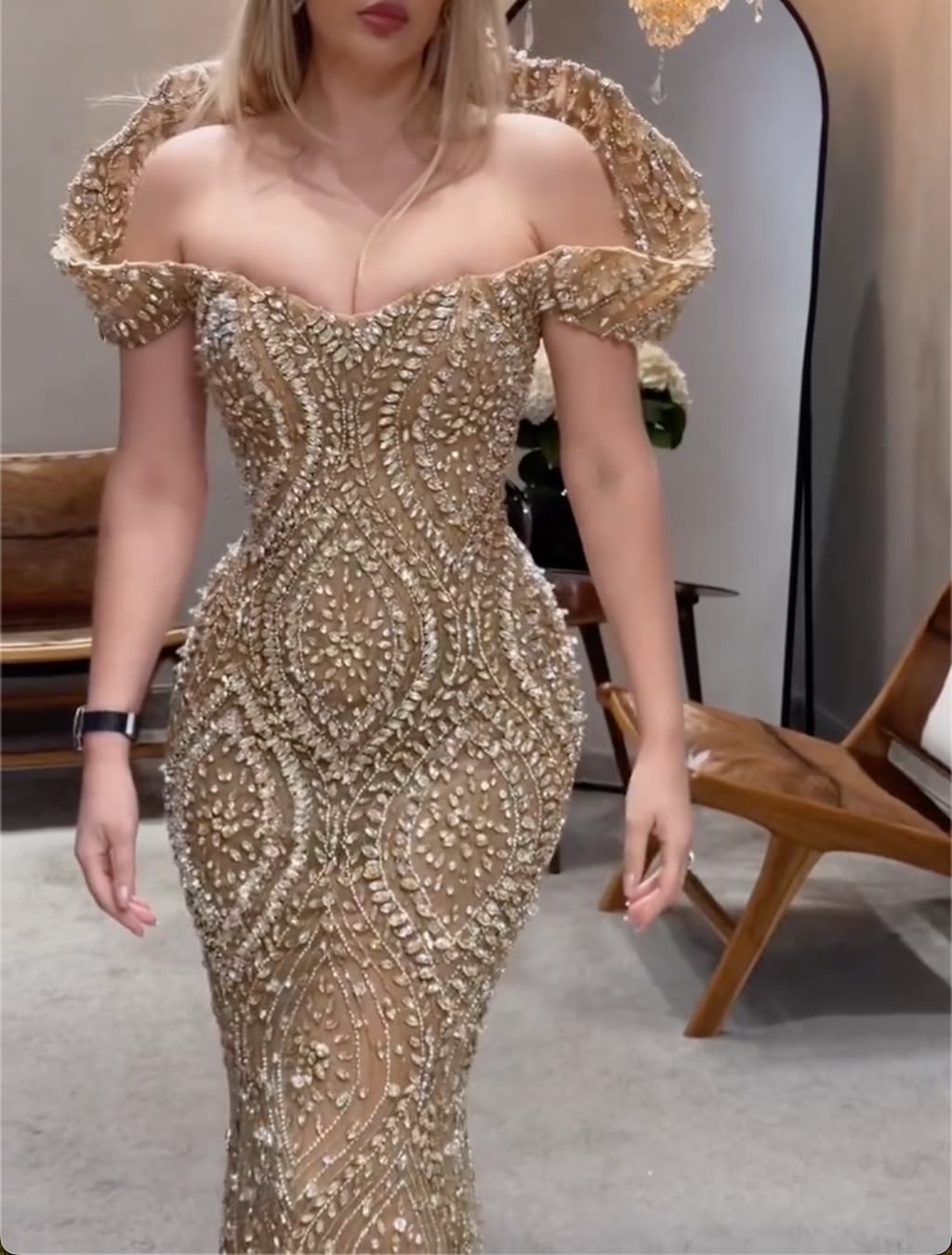 Gold Sparkly Beaded Maxi Formal Dress, Off-the-Shoulder Mermaid Evening Gown for Red Carpet