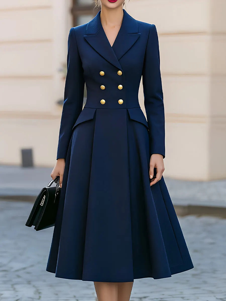 Notched Lapel Double Breasted Gold Button Peplum Flared Midi Dress