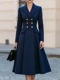 Notched Lapel Double Breasted Gold Button Peplum Flared Midi Dress