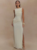 Delara Ivory Ruched Maxi Dress – Elegant Sleeveless High Slit Evening Gown for Summer Events-  Ivory, Black, Blue