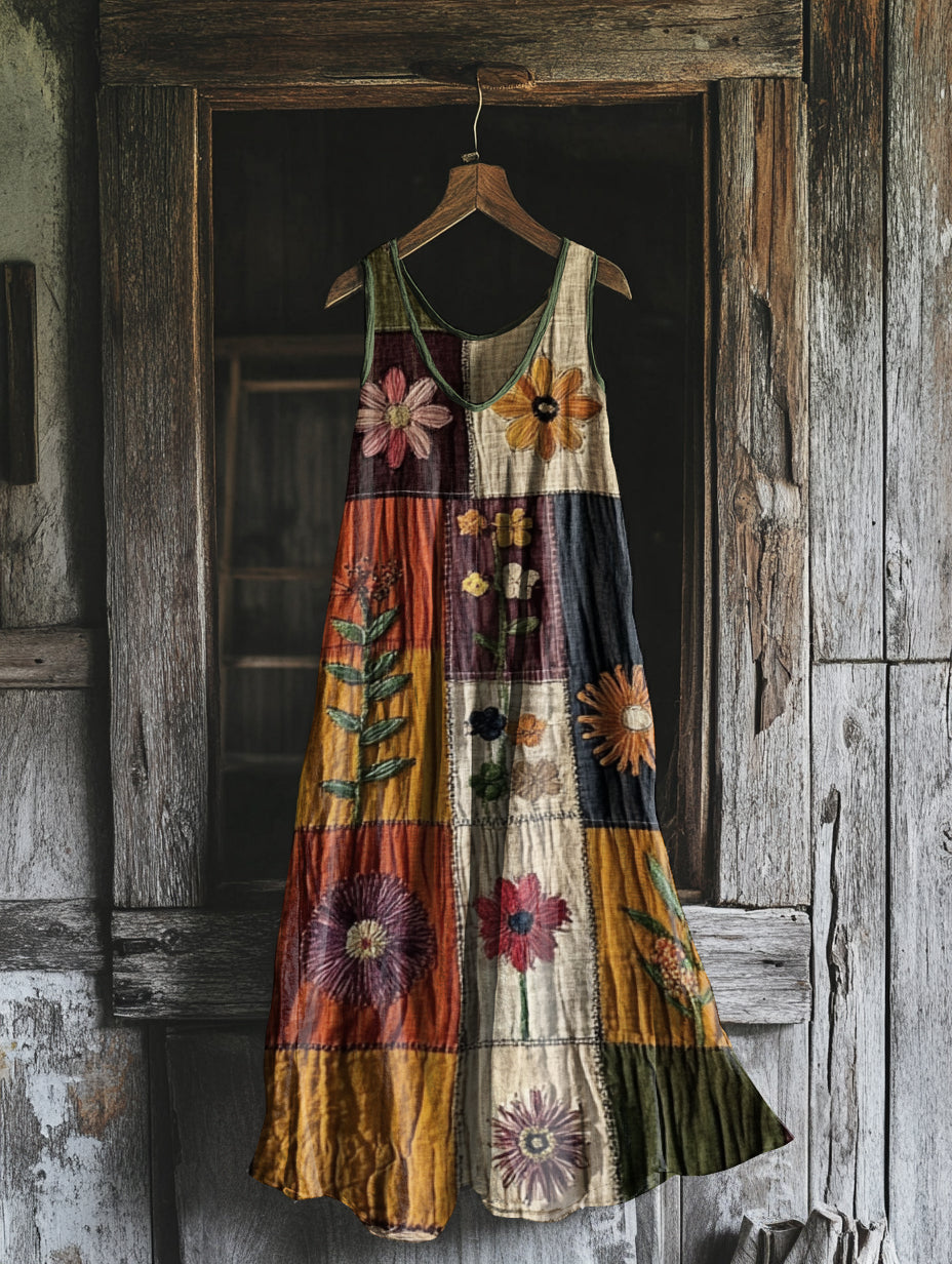 Women's Vintage Floral Art Cotton And Linen Dress b1ed