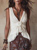 Women's Retro 3d Floral Decor Sleeveless Cotton Linen Top