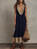Elegant Vintage Romance Navy & Sand Tiered Maxi Dress