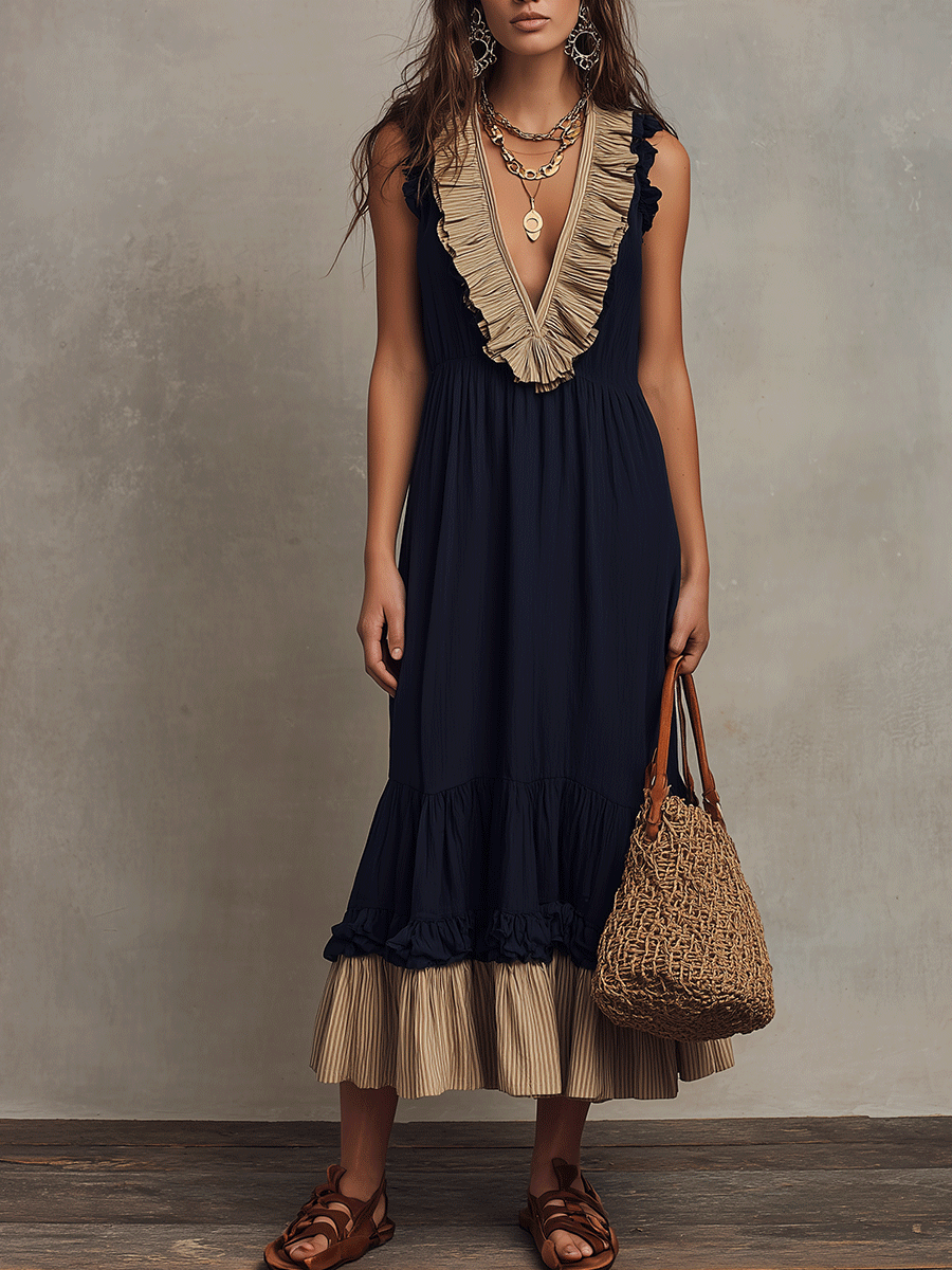 Elegant Vintage Romance Navy & Sand Tiered Maxi Dress