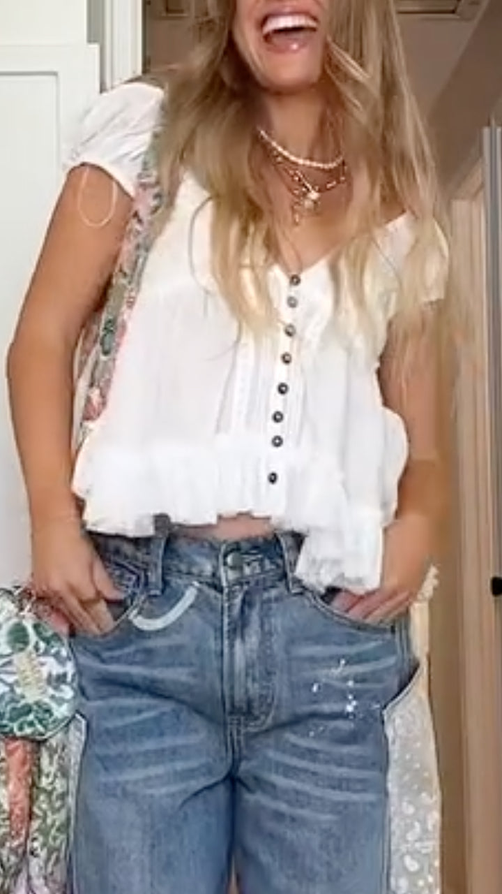 Short‑Sleeve Top & Distressed Patchwork Denim Jeans Co‑Ord Set